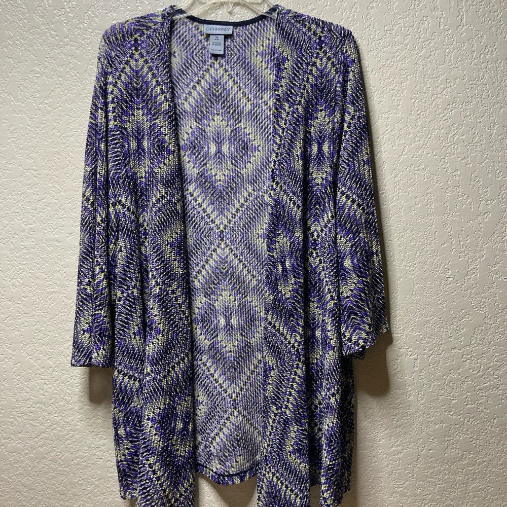 Catherine’s Size 1X 18/20 Open Front Cardigan Loose Weave Geometric BOHO Y2K